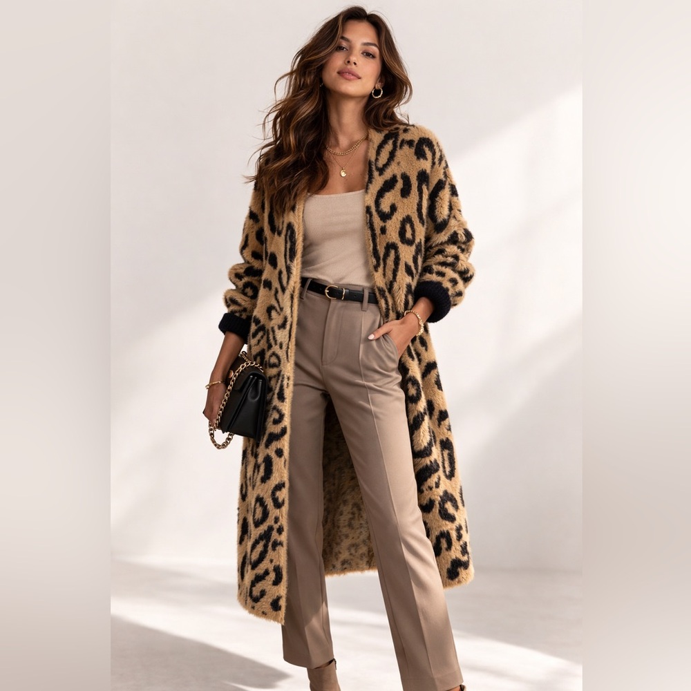 Westbound Leopard Print Fuzzy Duster Cardigan Soft Luxe Animal Print Open Sz L